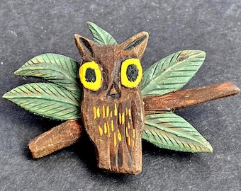 Owl Perched on Limb Wood Carved Brooch- Folk Style - Vintage