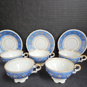 Set of 5 Blue Banded Teacups and 3 Saucers with Gold Trim by Mitterteigh US Zone Bavaria - Made in Germany