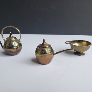 Set of Brass Miniatures -Pot, Colander, and Tea Kettle