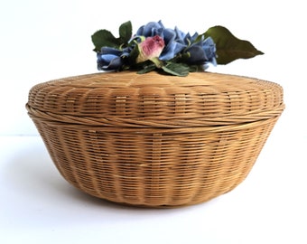 Woven Round Bamboo Basket with Pink and Blue Flower Detailed Lid
