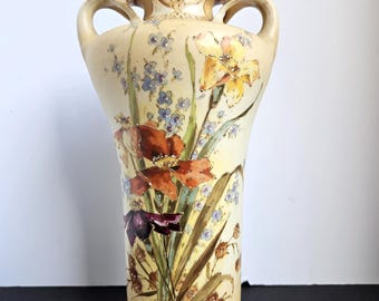 Art Nouveau Amphora Porcelain Vase: Hand Painted Floral & Gold