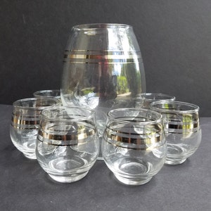 MCM Silver Banded Glass Cocktail Set - Large Snifter with 6 Round Glasses