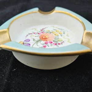 Triangular Small Porcelain Ashtray Blue with Floral and Gold Trim