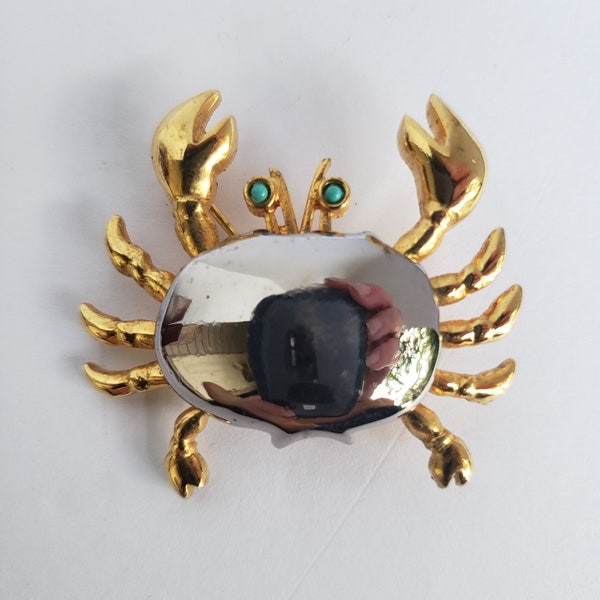 Shiny Silver and Goldtone Metal Crab Brooch Shiny Silver and Goldtone Metal with Turquoise Painted Eyes