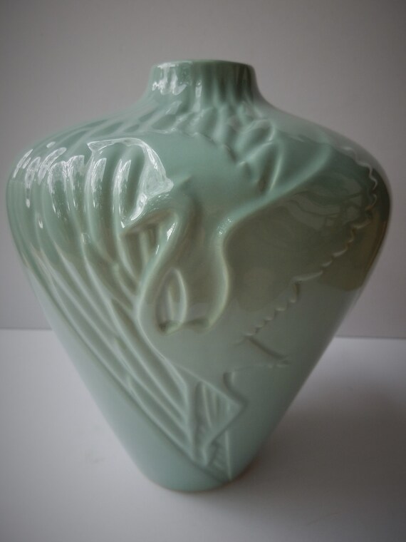 Mint Green Large Urn Style Haeger Ceramic Vase With Heron Or Etsy