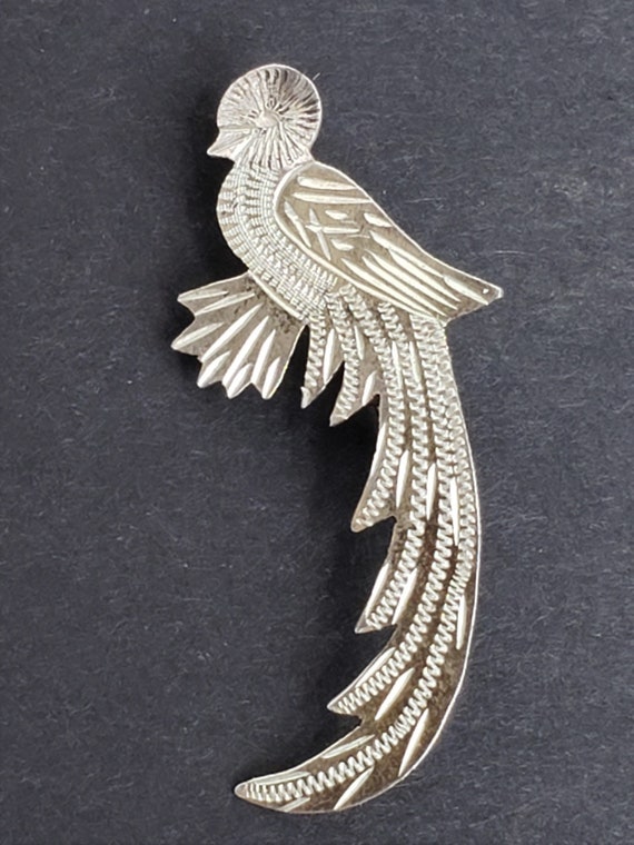Sterling Silver Etched Quetzel Bird Shaped Brooch - image 1