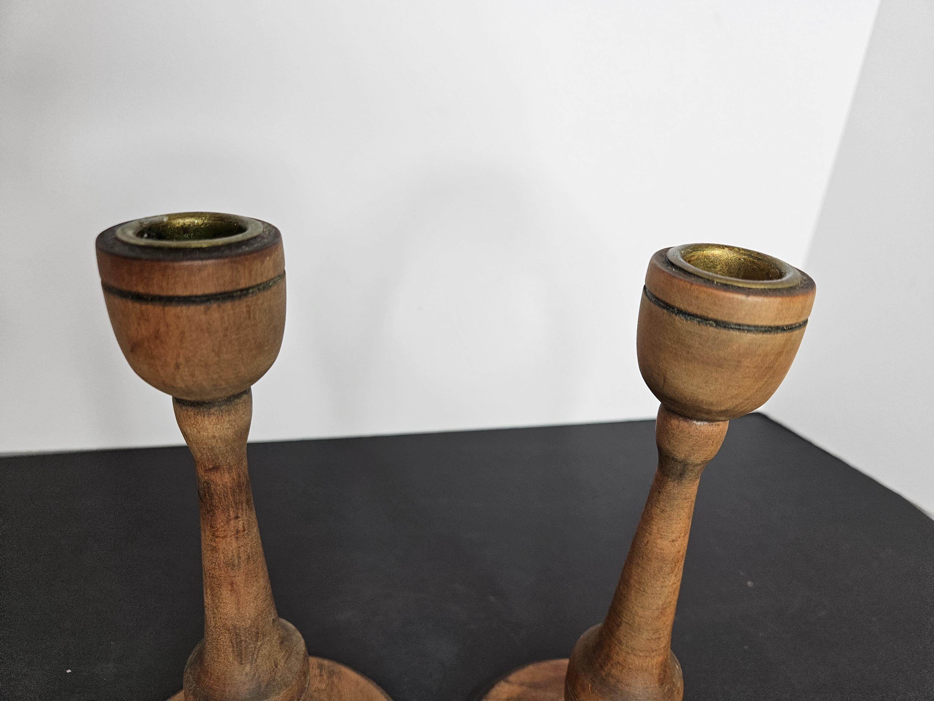 Pair of Matte Turned Wood Candlestick Holders With Wide Base, Brass Cap ...