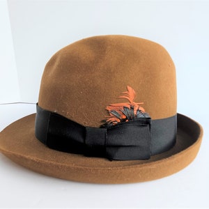 Vintage Dobbs Brown Felt Fedora Satin Lined with Black Ribbon Band and Feather Sprig Size 7-1/4