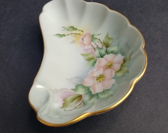 Kidney Shaped Porcelain Tray Hand Painted Floral with Gold Rim Signed