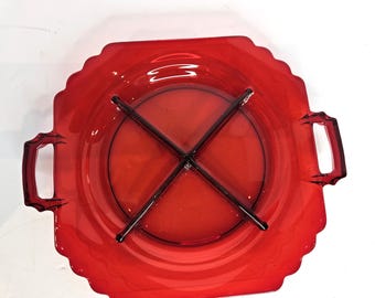 Bandeja de cristal rojo dividida - Cuadrada con asas - Estilo Fostoria Mayfair - Defecto