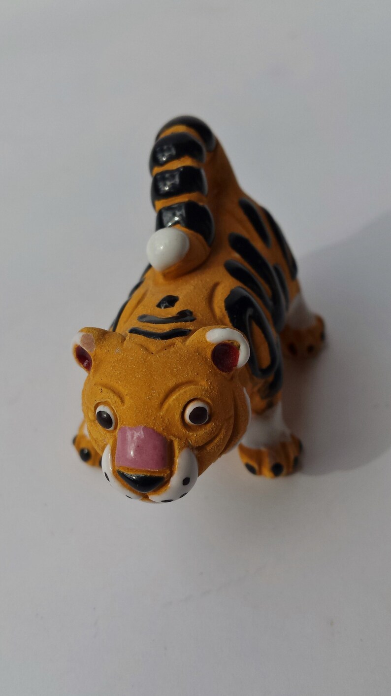 Marked LEPS Small Pottery Standing Tiger Figurine with Raised Black Glossy Stripes and White Detail