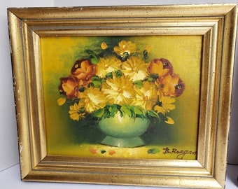 最大15%OFFクーポン 黄色を基調とした花の油絵 枚、黒漆塗りの木製フレーム入り 2 絵画