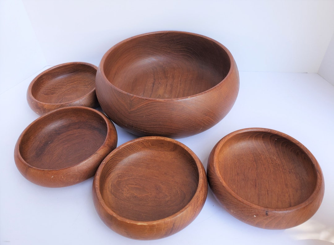 Five Piece Teak Round Salad Bowl Set by Winsome Wood Thailand Etsy