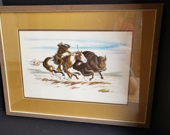 Original Colored Lithograph Titled Buffalo Hunter Artist Copy by Steve Long