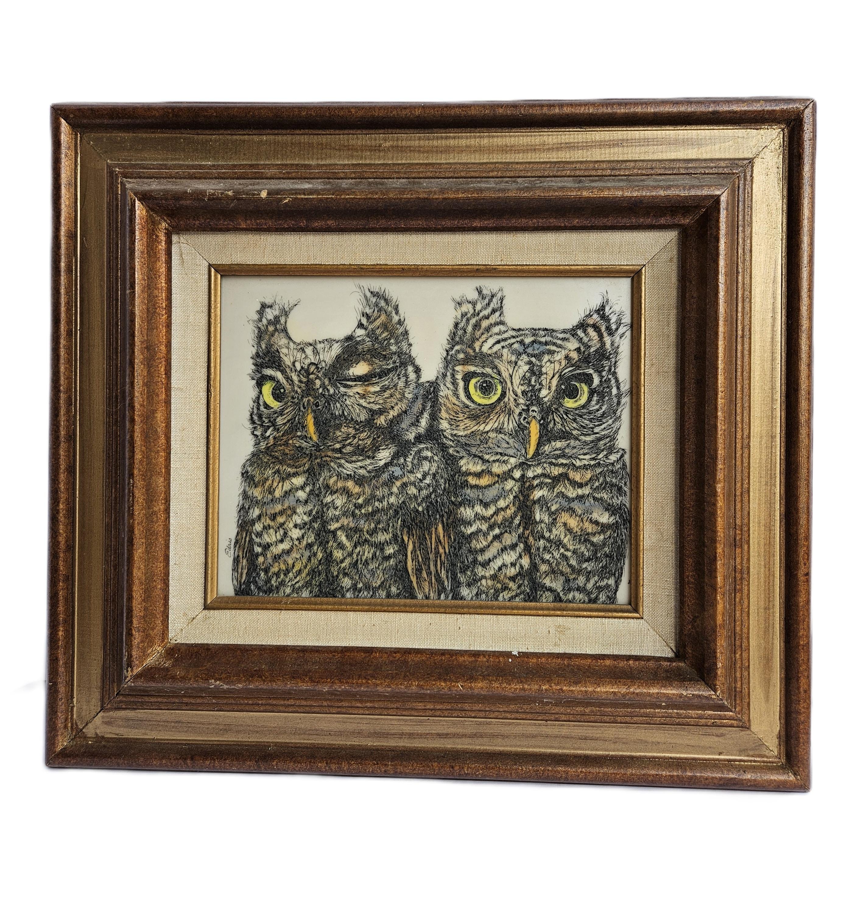 Unique Pair of Owls Framed Resin Etching by Edris Eckhardt