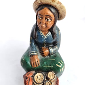 Peru Woman Sitting with Tray of Food Items - Terracotta Clay - Handmade - Unsigned - Small Chip on Hat