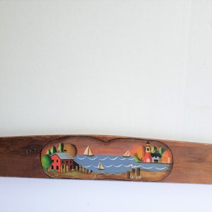 Folk Style Painted Wood Waterfront Scene with Houses, Lighthouse and Sailboats - Wall Mount