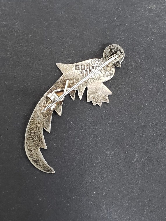 Sterling Silver Etched Quetzel Bird Shaped Brooch - image 2