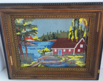 Vintage Crewel Work -  Cabin On The Water Scene - No Frame