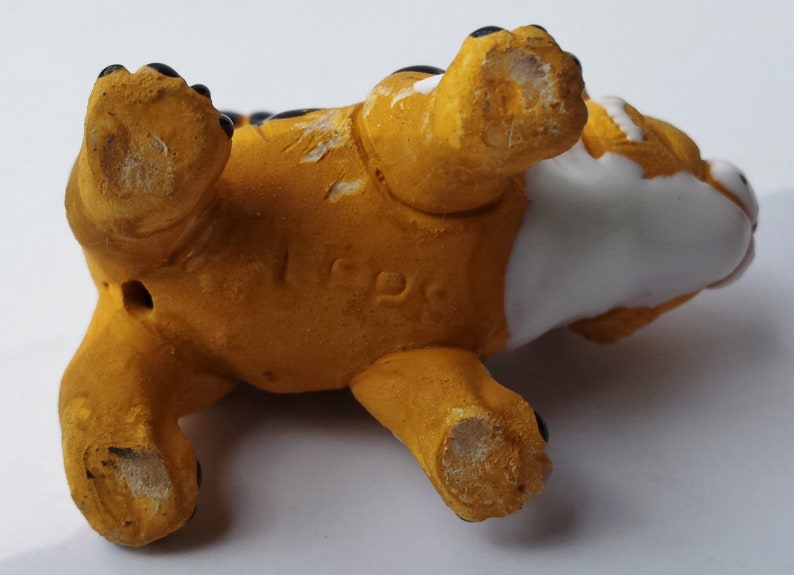 Marked LEPS Small Pottery Standing Tiger Figurine with Raised Black Glossy Stripes and White Detail