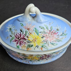 Blue Covered Oval Porcelain Bowl with Hand Painted Floral Signed Ester Embu 1982
