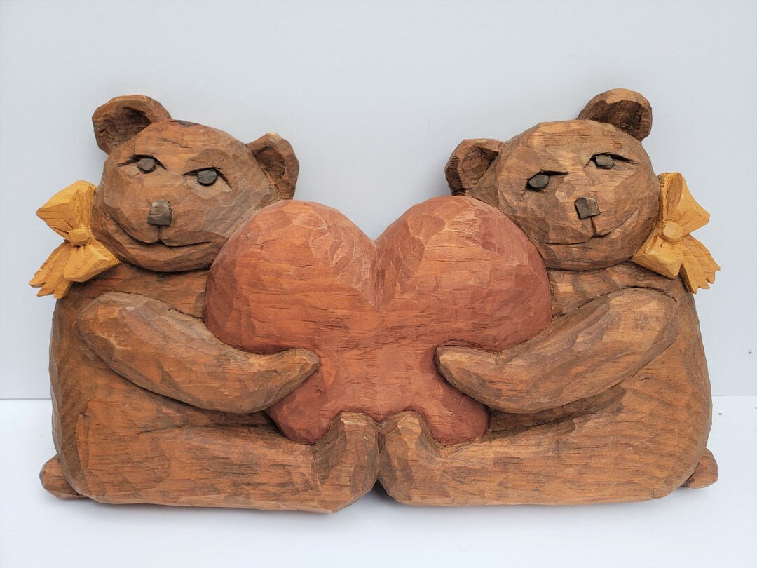 Wood Carved Bears Holding Heart Folk Style Wall Mount 1985 Signed