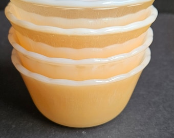 Set of 4 Fire King Opalescent, Lustre Peach Colored Ramekins with Scalloped Edges