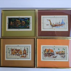 Set of 4 Printed Fabric Pieces Asian Themed -Matted and Framed in Gold - Unsigned