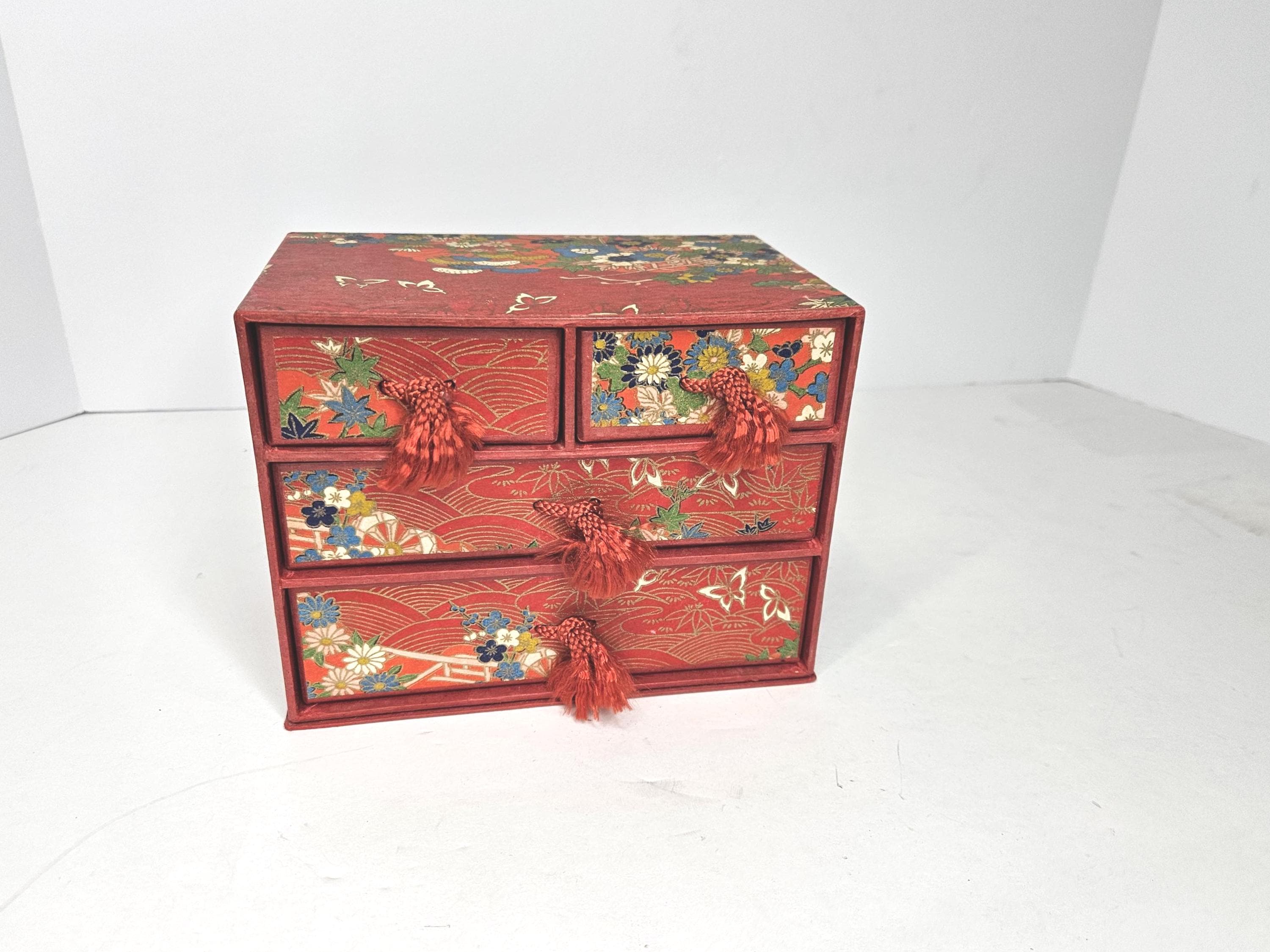 Japanese Washi Red Floral Paper Covered Paperboard Chest With