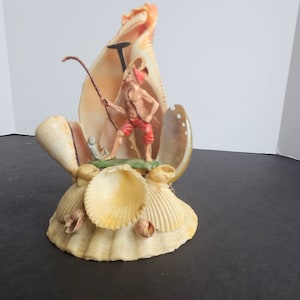Vintage Kitsch Seashell Art with Fisherman Authentic Shells Souvenir