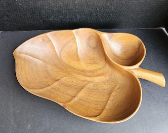 Vintage Monkey Pod Holz Blatt Geteilte Schüssel - Hibiscus Marke Philippinen