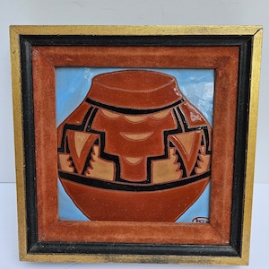 Southwestern Style Ceramic Tile of Decorative Pot Framed Artist Signed - Possibly Teissedre