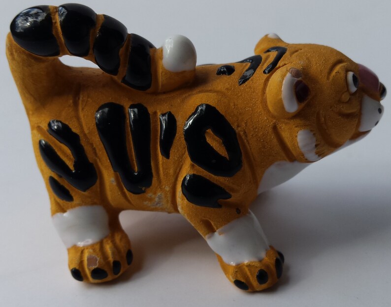 Marked LEPS Small Pottery Standing Tiger Figurine with Raised Black Glossy Stripes and White Detail