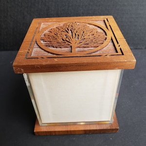 Retro Photo Display Cube Wood Base and Cover with Tree by Lasercraft - Plastic Chipped