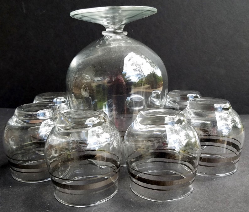 Silver Banded Brandy Snifter Drink Set with 6 Small Glasses Etsy