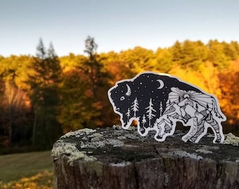 Night and Day Bison Buffalo sticker 4" Weatherproof and durable, Outdoor sticker, Travel sticker, Wanderlust, Galaxy, Moon sticker