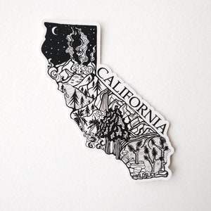 May include: Black and white illustration of the state of California, filled with various icons representing different aspects of the state, including mountains, trees, waves, and palm trees. The text "CALIFORNIA" is written vertically along the right side of the state outline. The text "WILD SLICE" is at the bottom of the illustration.