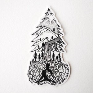 May include: Black and white line art sticker of a person meditating inside a tree with roots that extend into the ground. The tree is surrounded by mountains, a river, and a sun. The text "@WILD.SLICE" is at the bottom right corner of the sticker.