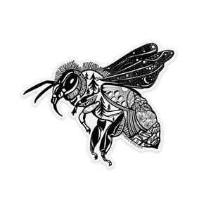 May include: Black and white line art sticker of a bee with intricate details. The bee's body is filled with patterns of trees, flowers, and honeycomb. The bee's wings are filled with a pattern of stars and a crescent moon. The bee is flying with its wings spread. The sticker has the text "@WILD.SLICE" in the lower right corner.