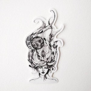May include: Black and white line art sticker of a woman with a stylised, swirling, floral design in her hair. The design includes a circle with a textured pattern. The sticker has the word "WILD" written vertically on the side.
