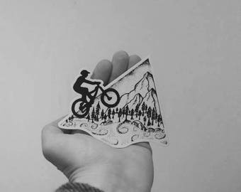 Mountain Biking  Sticker  4" Weatherproof and durable, Biking, MTB, Outdoor sticker, Travel sticker, Wanderlust, Mountains, Moon , Trees