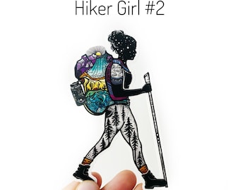 Hiker Girl #2 Weatherproof and durable, Outdoor sticker, Travel sticker, Wanderlust, Galaxy, Moon sticker, Collectible  stickers