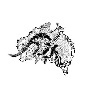 May include: Black and white illustration of the continent of Australia with various animals and plants. The word "Australia" is written vertically along the right side of the continent. The word "wildlife" is written horizontally along the left side of the continent.