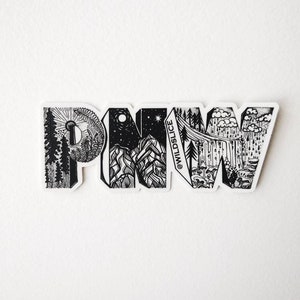 PNW, Pacific Northwest 4&quot; Weatherproof and durable, Outdoor sticker, Travel sticker, Wanderlust, Mountains, Moon , Trees and stars sticker