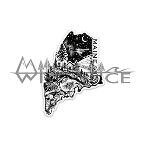 May include: Black and white illustration of the state of Maine, featuring a lighthouse, a cabin, a lobster, a bird, pine trees, and the text "Maine" and "Wild Slice".