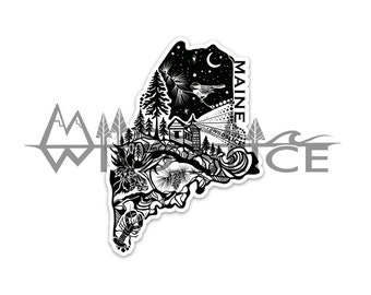 Maine State Sticker  4&quot; Weatherproof and durable,  Outdoor sticker, Travel sticker, Wanderlust, Moon , Trees, Lighthouses