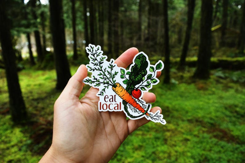 Eat Local Garden Sticker 3 & 4 Weatherproof and durable, Veggies, Carrots, Kale, Radish, Vegetable art, Gardening art, Organic, Local image 1