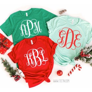 Fancy Cursive Monogram Christmas Winter Holiday Shirt | Initials Ladies Adult Youth Size Girls Trendy Fun Festive Tops Outfit Clothing Gift