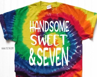 Handsome Sweet and Seven Shirt | Rainbow Tie Dye Plain Color Tops 7th Bday 7 years old Outfit Photo Prop Gift Boys Party Trendy Clothing