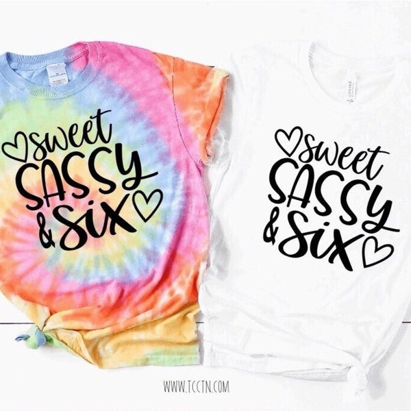 Sweet Sassy and Six Girl's Birthday Shirt | Tie Dye or Solid Color Tops 6th Bday 6 years old Outfit Photo Prop Gift Sixth Hearts Trendy Gift